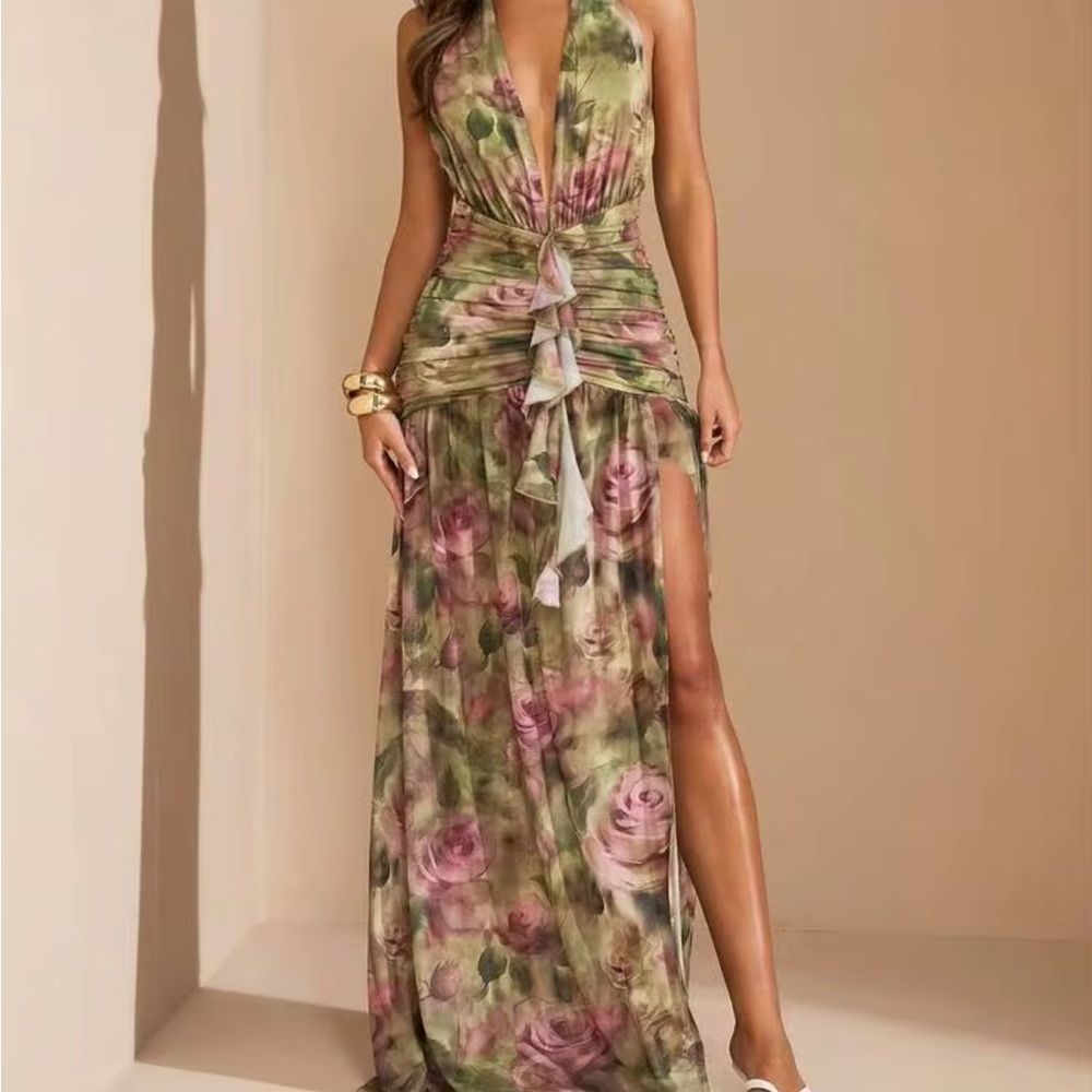 Green Floral V neck Mesh Maxi Dress